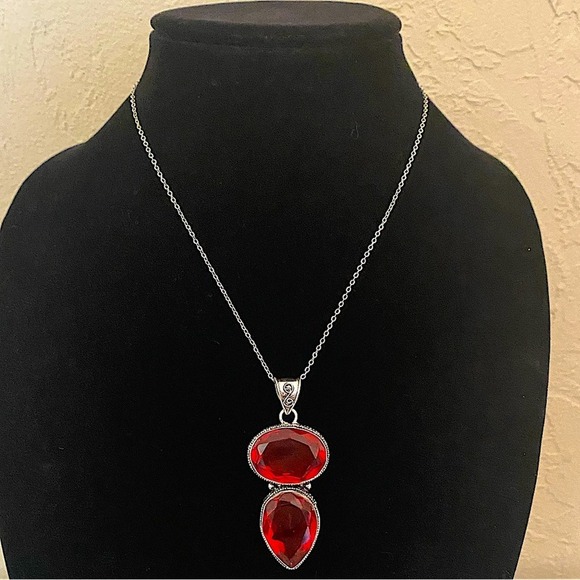 Antique Ruby Pendant Necklace, Sterling Silver, Double Gemstone, Statement - Picture 4 of 11